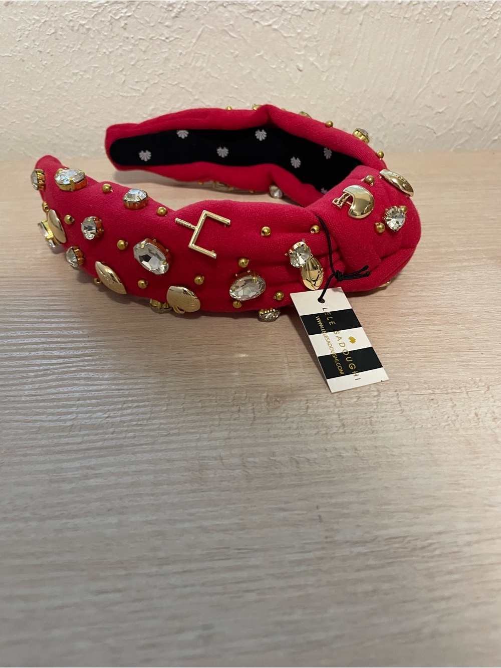 Lele Sadoughi Red Jeweled Padded Headband with Gold Accents